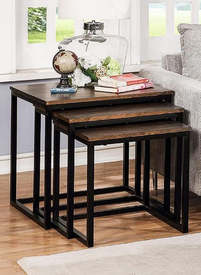 DBLEW 3 Pieces Square Nesting Side Table Set Minimalist Stackable Coffee Tables Wood Top Accent Tables Industrial End Tables Bedside Desk For Home Office Living Room Hall And Small Spaces Sofa Centre Teapoy Table Dark Walnut - Image 3